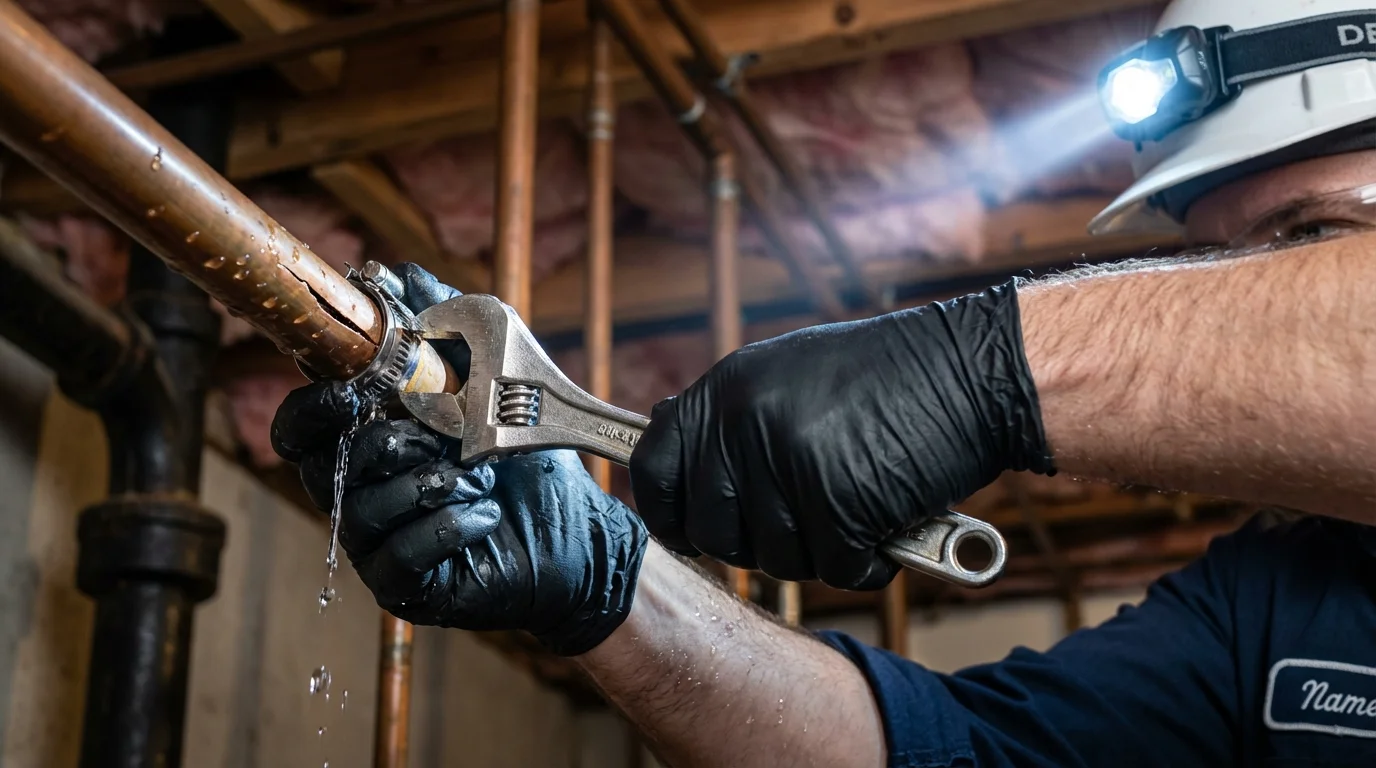 Emergency pipe clamp repair being performed by a Johns Plumbing LLC plumber in De Soto