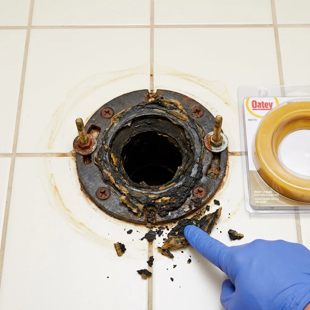 Failed wax ring showing water seepage at the base of a toilet in a De Soto, KS home