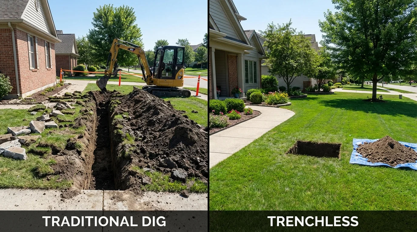 Trenchless sewer repair with minimal yard damage versus traditional excavation in De Soto, KS