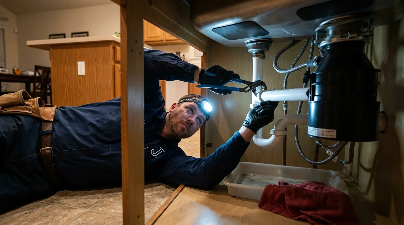 P-trap and supply line connections under a kitchen sink showing a common leak point in De Soto, KS